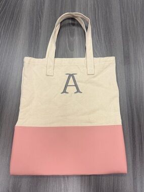 Letter A Canvas Tote Bag with Pink Vegan Leather Bottom